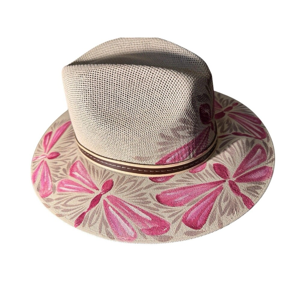Mexican Artisanal Hand Painted Fedora Hat Pink Dragonfly-Beige M - Picture 6 of 16